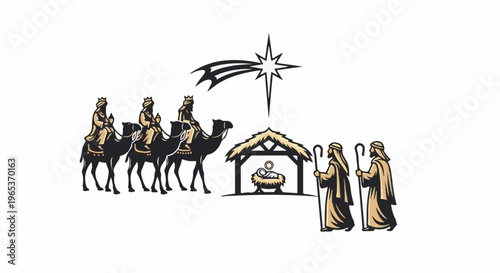 Wise men on camels approach a stable with a star above