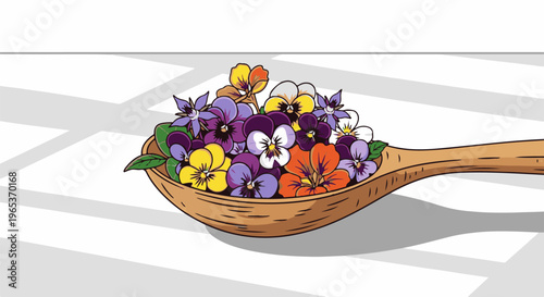 Wooden spoon filled with colorful edible flowers, presented on a white striped surface