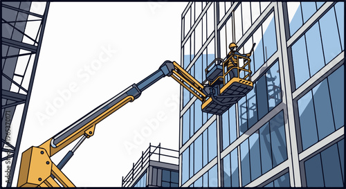 Worker in a basket lift cleans the exterior of a tall glass building