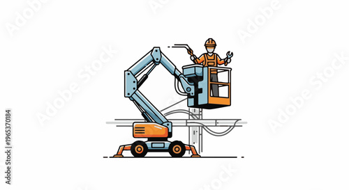 Worker in cherry picker repairs overhead wires with tools