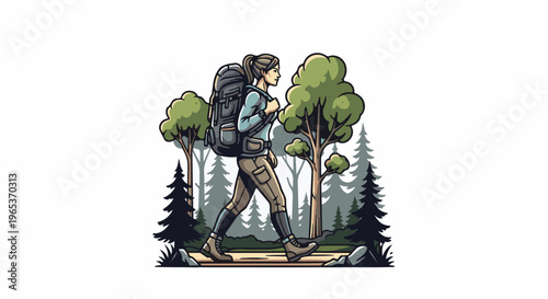 Woman hiking with backpack through a forest path with trees and rocks
