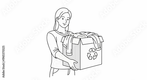 Woman holding a cardboard box filled with clothes and a recycling symbol