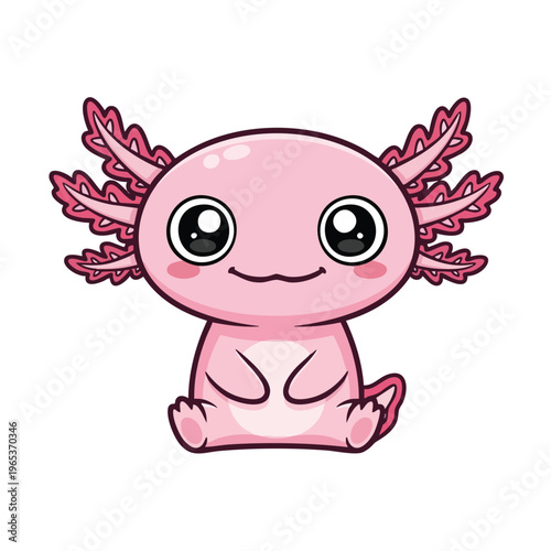 Cute pink axolotl vector illustration with big sparkling eyes, fluffy red gills, and happy smiling face sitting playfully