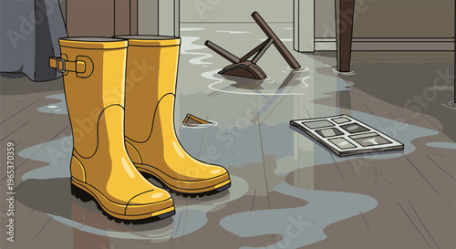 Yellow boots stand in a flooded room with overturned furniture