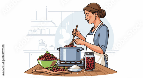 Woman in apron cooking berries in pot with wooden spoon, jar nearby