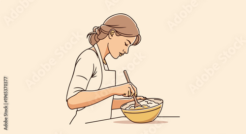Woman in apron preparing batter in a bowl with a spoon