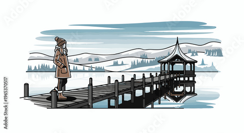 Woman in warm clothes watches a winter lake with a gazebo on a pier