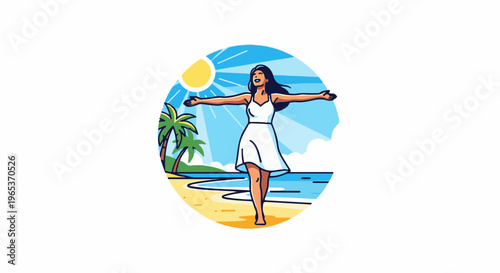 Woman in white dress embraces sunny beach with palms and ocean