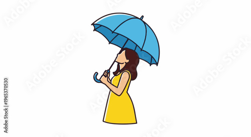 Woman in yellow dress holding blue umbrella looking up