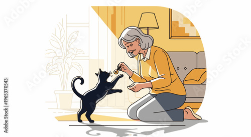 Woman interacts with playful black cat indoors, golden light