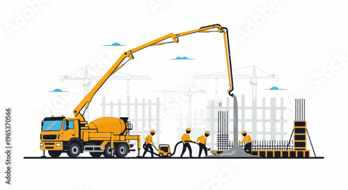 Yellow concrete mixer truck and workers pour cement at construction site