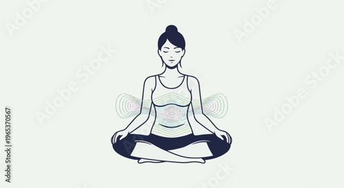 Woman meditating in lotus pose with abstract energy waves emanating from torso