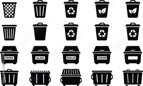 Blackandwhite illustration of various trash cans and recycling bins for waste management and ecofriendly practices in urban settings one sentence