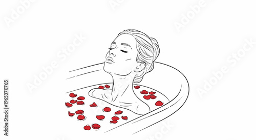 Woman relaxing in a bathtub filled with red rose petals