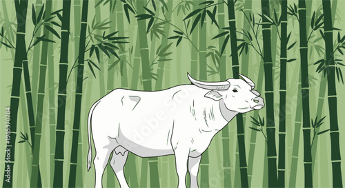 White water buffalo stands amidst a dense bamboo forest illustration