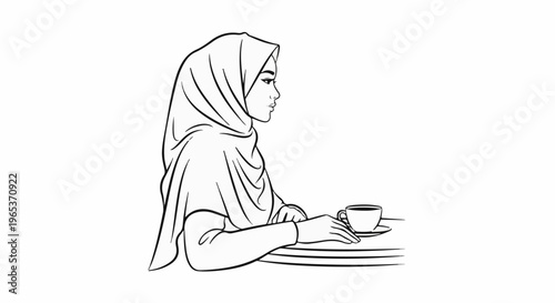 Woman wearing a headscarf sips coffee at a table, line drawing