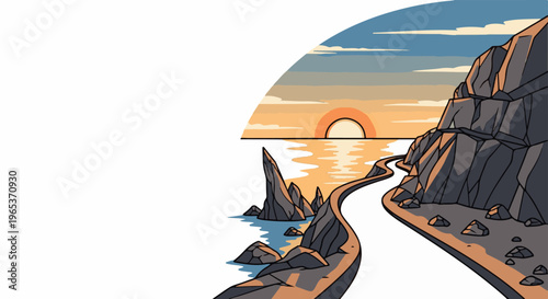 Winding coastal road at sunset with rocky outcrops