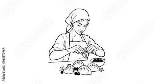 Woman wearing headscarf and apron prepares dumplings, with bowl of filling