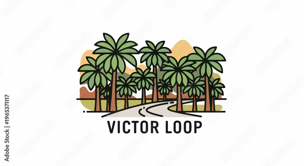 Fototapeta premium Winding road leads through palm trees with stylized hills in background
