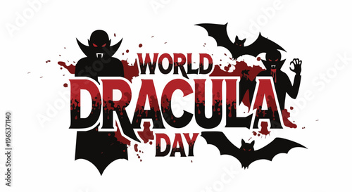 Dracula logo in bold black and red letters with bats and blood splatters in dark spooky lighting for Halloween