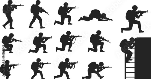 Collection of Soldier Silhouettes in Various Combat Poses with Rifles for Military Tactical Training War Game Design and Army Infographics