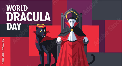 Female vampire in red dress with black cat and halo in geometric background for World Dracula Day
