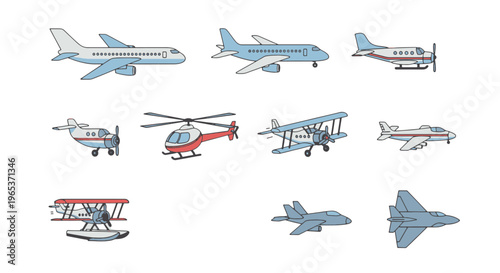 A comprehensive set of cartoon-style aircraft icons featuring commercial jets, helicopters, biplanes, and fighter jets isolated on white.