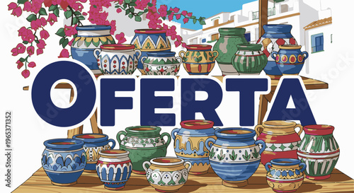 Vibrant display of colorful ceramic pots with blooming flowers and whitewashed buildings
