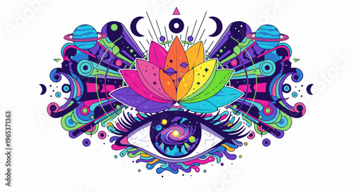 Vibrant cosmic eye and lotus bloom with celestial elements