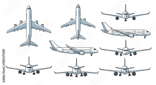 Versatile collection of airplane illustrations from multiple perspectives including front, side, and top views. Ideal for travel icons, infographics, and aviation design.