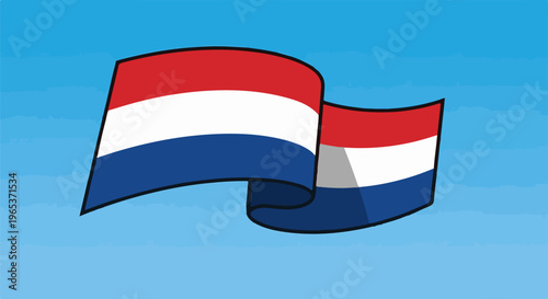 Waving flag with three horizontal stripes, red, white, and blue, on sky