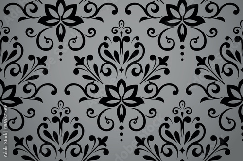 Wallpaper in the style of Baroque. Gray and black floral ornament. Seamless vector background. Graphic pattern for fabric, wallpaper, packaging. Ornate Damask flower illustration