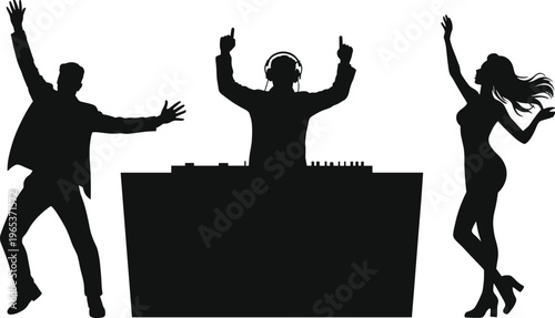 DJ Silhouette Playing Music on Mixer with Happy People Dancing at Nightclub Party Event Celebration Festival Fun Silhouette Vector Illustration