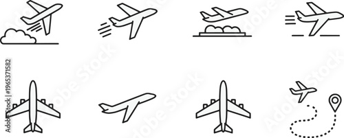 A collection of minimalist airplane line icons depicting takeoff, landing, and flight routes. Ideal for travel, logistics, and aviation-themed UI design.