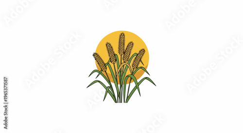 Whimsical illustration of grain stalks and a setting sun