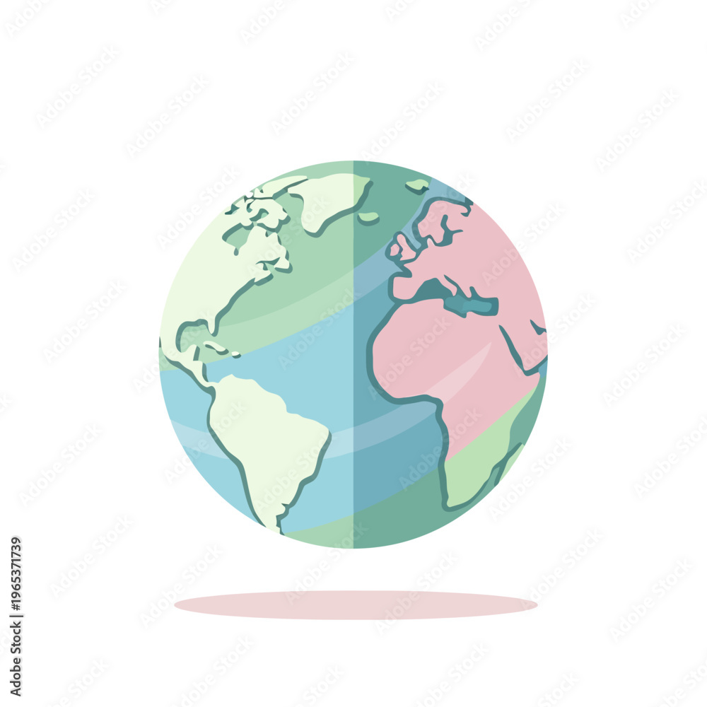 Obraz premium Stylized globe showing continents, illustration with pastel colors and shadow, isolated on white background