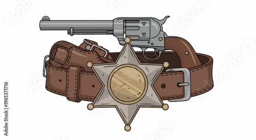 Western-style revolver, holster, and sheriff's badge on a white background