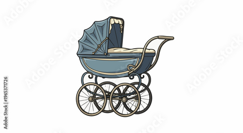 Vintage blue baby carriage with intricate wheels and canopy