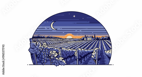 Vine-covered estate under a twilight sky with a crescent moon