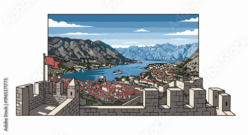 View of a historic bay town from ancient stone ramparts with mountains