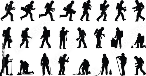 Firefighter silhouettes set with firemen in action using hoses axes and equipment for emergency rescue fire department and safety services