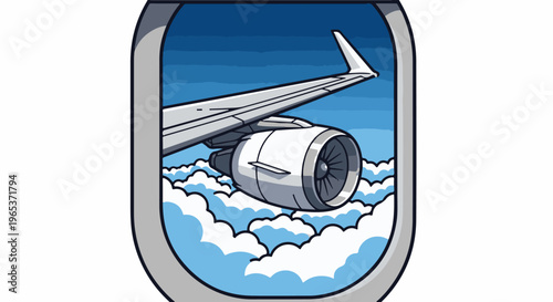 View from an airplane window of a jet engine and wing above clouds