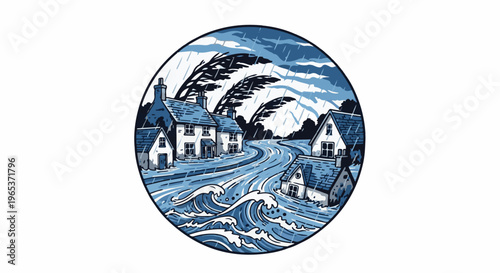 Village houses submerged in surging floodwaters during a storm