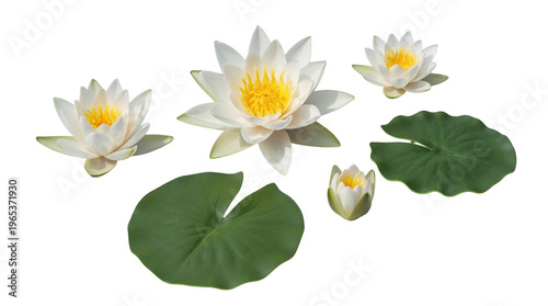 Schilderij op canvas Beautiful photograph of white water lilies and green leaves in various stages of bloom