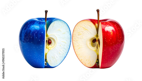 Vivid composite of two halved apples. One blue, white inside; the other red, yellow inside, black background