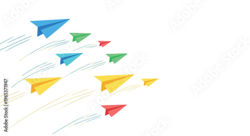 A fleet of colorful paper airplanes soaring across a white background, symbolizing leadership, team collaboration, and forward momentum in business.