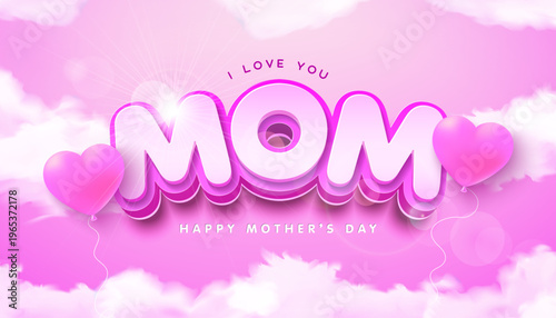 Happy Mother's Day Greeting Card with Pink Heart Balloon and 3d Typography on Cloudy Sky Background. Vector Motherhood Celebration Design with Symbol of Love for Greeting Card, Banner, Flyer