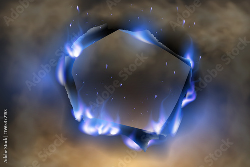 Abstract blue flames consuming a rectangular opening in a dark, smoky surface, with glowing particles