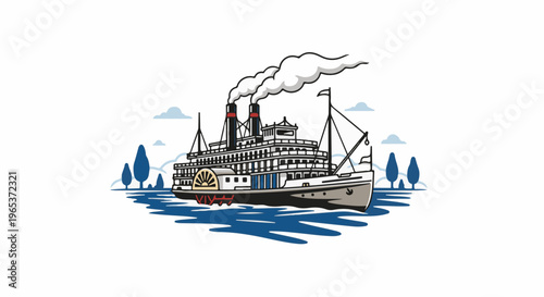 Vintage paddle steamer with steam billowing from its stacks on a river