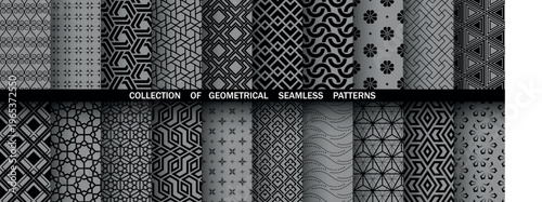 Geometric set of seamless black and gray patterns. Simple vector graphics